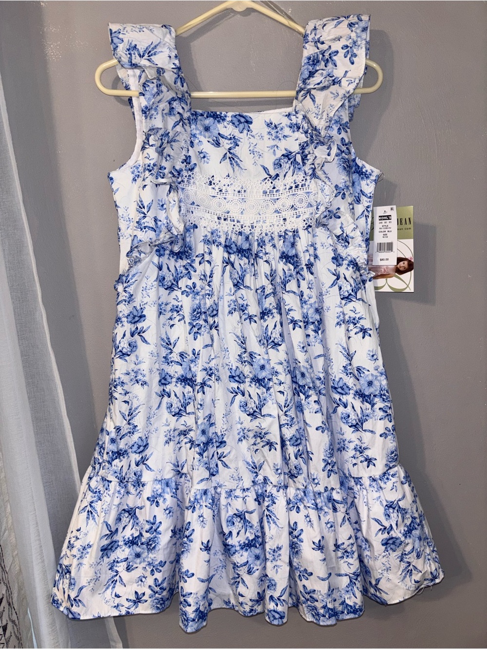 NWT Bonnie Jean Girls Blue Floral White Ruffle Sundress Lace Waist Trim 18 1/2
